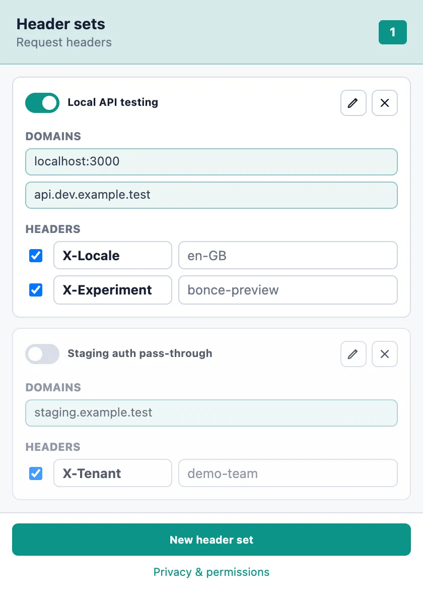 Bonce popup showing two header sets, one switched on and one off, each with its domains and request headers.
