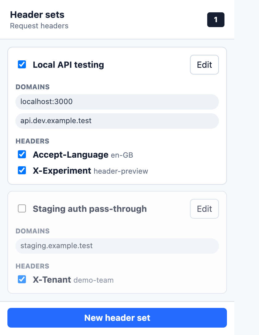 Header interface showing active Header Sets, matching domains, configured request headers, and enabled states.