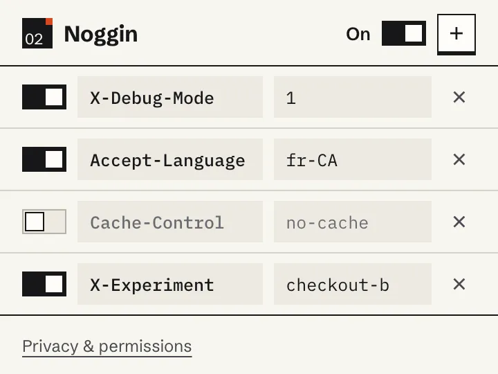 Noggin popup with four request headers, three switched on, and a master switch.