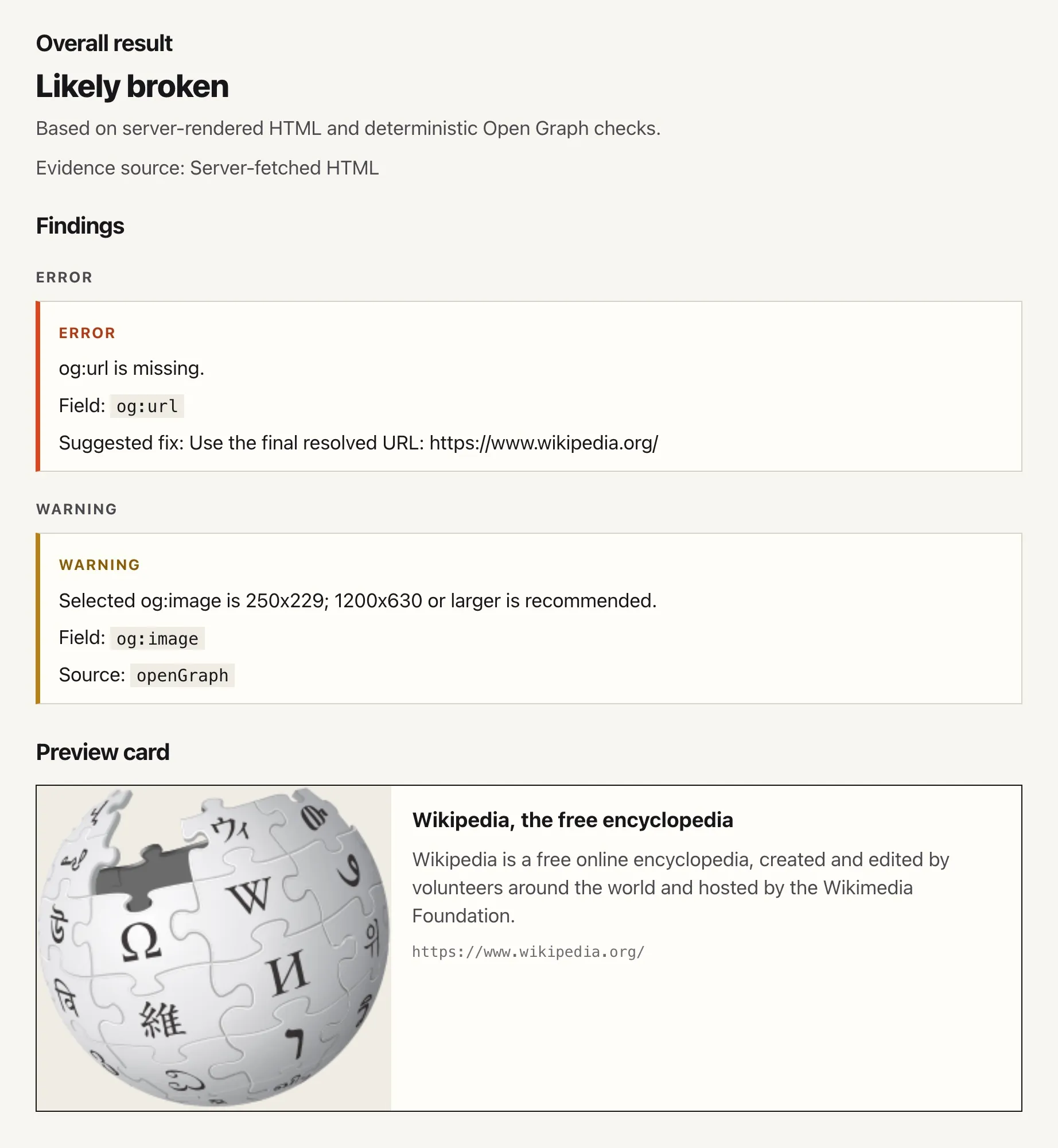 Shareable result showing an overall verdict, findings, and a preview card.