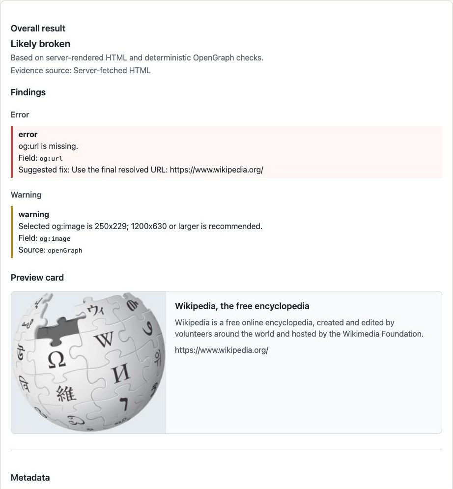 Shareable interface showing a validation summary, preview card, and metadata section.